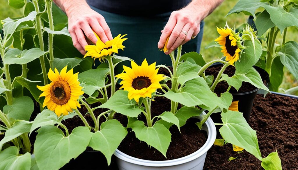 Harvesting potted sunflowers